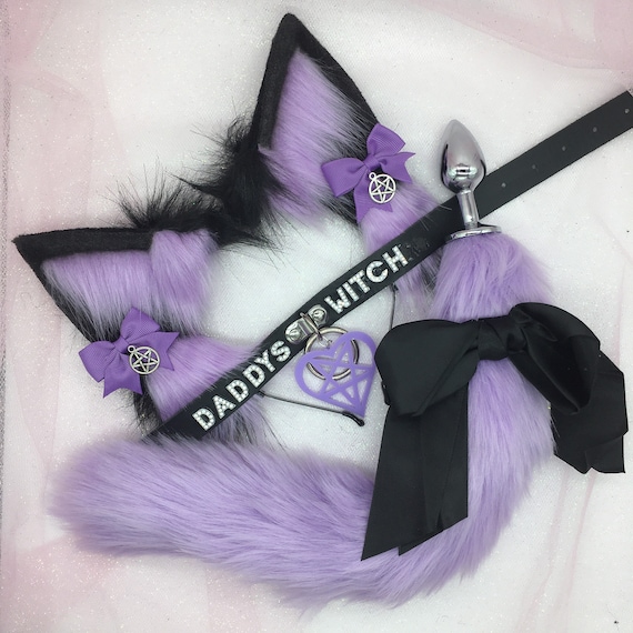 15 Purple Dyed Silver Fox Tail Butt Plug