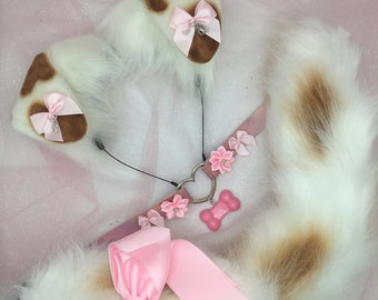 Brown / white Cosplay Puppy Dog headband Ears Tail Choker Collar Paw Costume Halloween necklace Fox wolf puppy dog