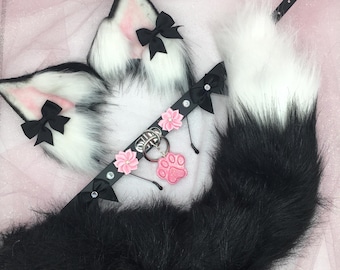 Black / Pink Cosplay Kitten Cat headband Ears Tail Choker Collar Paw Costume Halloween necklace Fox wolf puppy dog