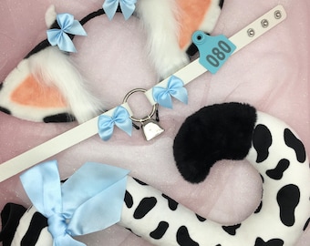 Black  / white Cow Blue Cosplay Puppy Dog headband Ears Tail Choker Collar Paw Costume Halloween necklace Fox wolf puppy dog