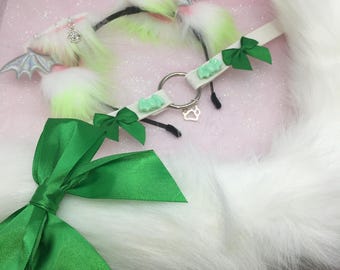 Green / white Bat Cosplay Kitten Cat headband Ears Tail Choker Collar Paw Costume Halloween necklace Fox wolf puppy dog