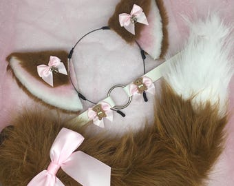 White / Pink / brown Cosplay Kitten Cat headband Ears Tail Choker Collar Paw Costume Halloween necklace Fox wolf puppy dog