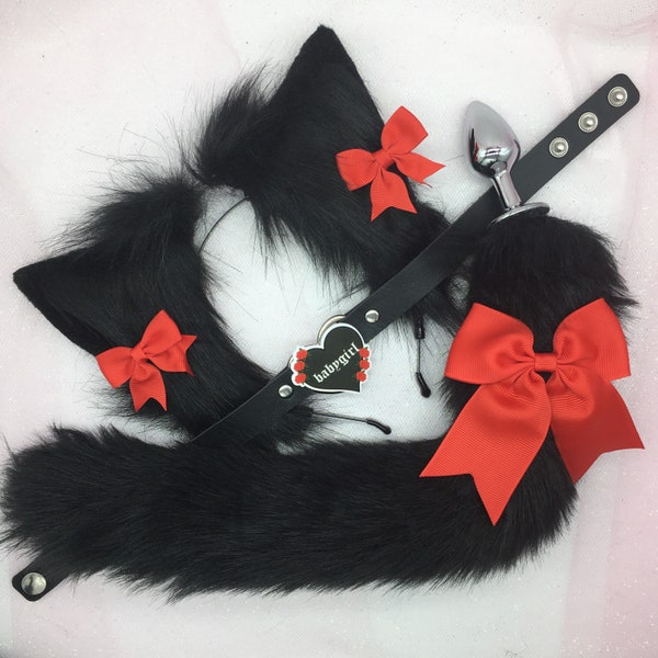 18+ Mature Pet Play Starter Set ! Fox Kitty red black Ears  Collar Kitten Cat Anal Butt Plug Tail bdsm ddlg abdl cosplay daddy’s