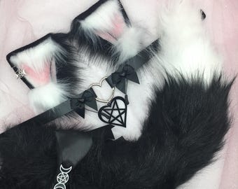 Black / White Cosplay Kitten Cat headband Ears Tail Choker Collar Paw Costume Halloween necklace Fox wolf puppy dog