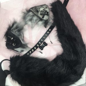 May include: A black and gray faux fur cat tail and ear set. The ears are black with silver spikes and small silver hoops. The set includes a black studded collar with a bone-shaped charm and a skull patch.