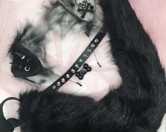 Black white skull Cosplay Kitten Cat headband Ears Tail Choker Collar Paw Costume Halloween necklace Fox wolf puppy dog