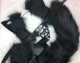Black Cosplay Kitten Cat headband Ears Tail Choker Collar Paw Costume Halloween necklace witch Fox wolf puppy dog