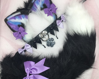Black / purple / blue Cosplay Kitten Cat headband Ears Tail Choker Collar Paw Costume Halloween necklace Fox wolf puppy dog