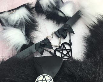 Black / White witch Cosplay Kitten Cat headband Ears Tail Choker Collar Paw Costume Halloween necklace Fox wolf puppy dog