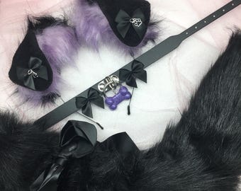 Black / Purple Cosplay Kitten Cat headband Ears Tail Choker Collar Paw Costume Halloween necklace Fox wolf puppy dog