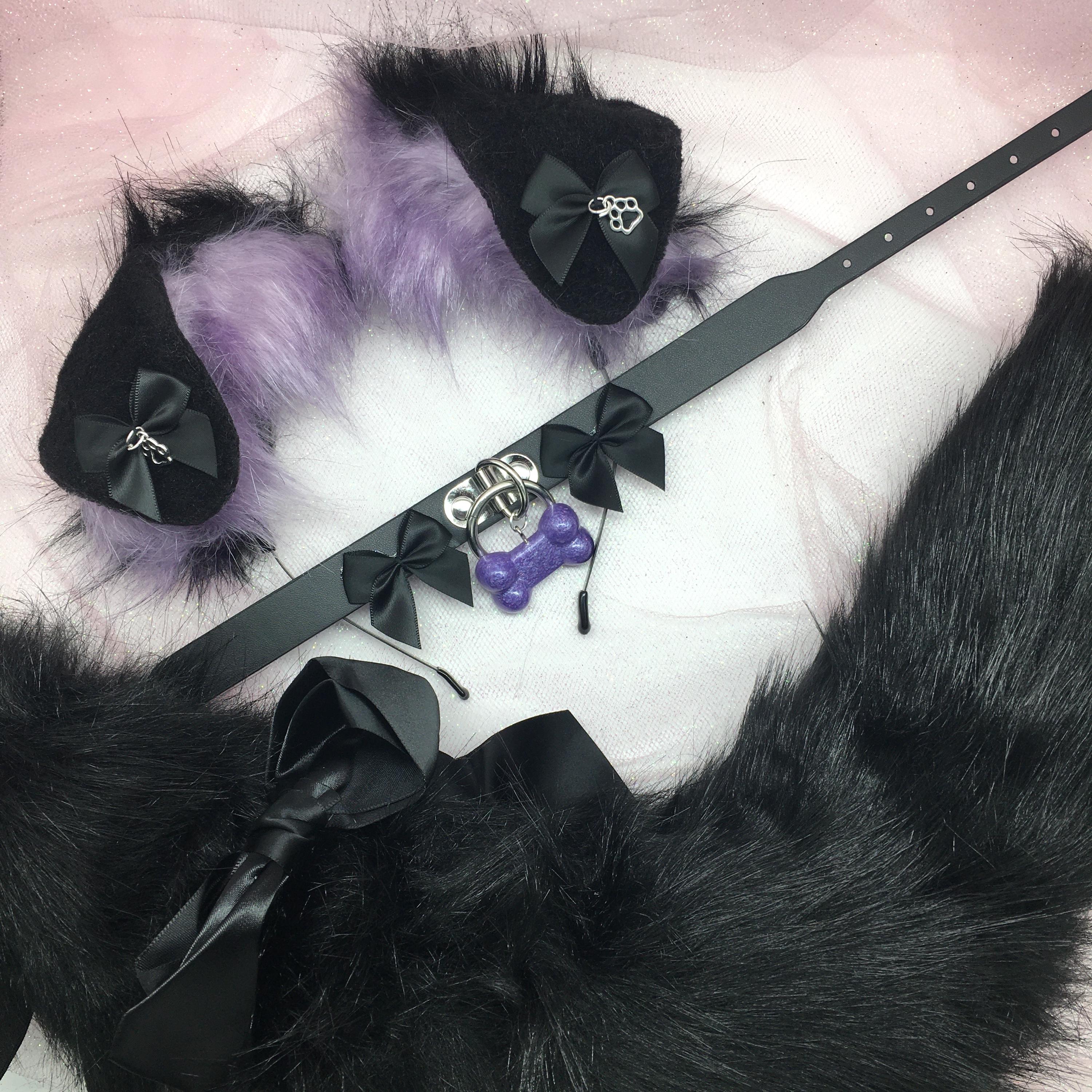 Black / Purple Cosplay Kitten Cat headband Ears Tail Choker Collar Paw Costume Halloween necklace Fox wolf puppy dog
