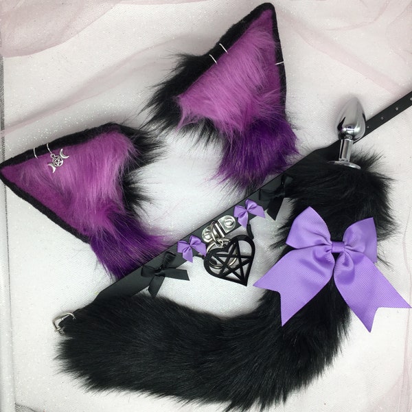 18+ Mature  Pet Play Starter Set ! Kitten purple black fox Ears Collar Anal Butt Plug Tail bdsm cosplay daddy’s dog witch