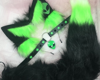 Black / Green alien 1 Cosplay Kitten Cat headband Ears Tail Choker Collar Paw Costume Halloween necklace Fox wolf puppy dog