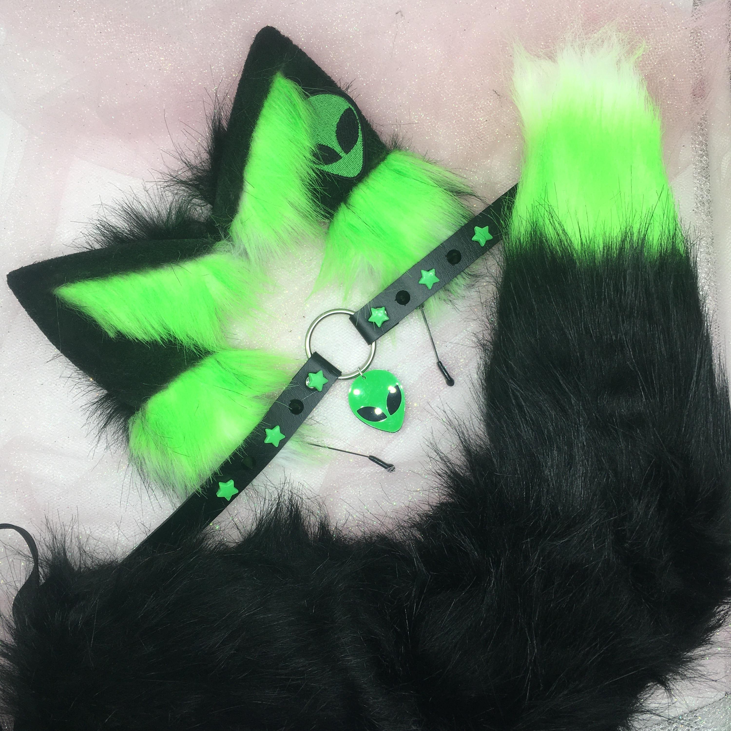 Black / Green Alien 1 Cosplay Kitten Cat Headband Ears Tail Choker ...