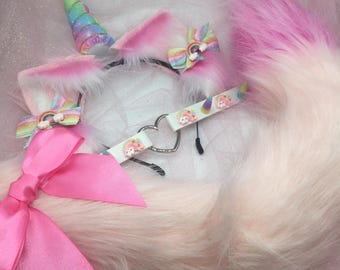 Pink Rainbow Unicorn Cosplay Kitten Cat headband Ears Tail Choker Collar Paw Costume Halloween necklace Fox wolf puppy dog