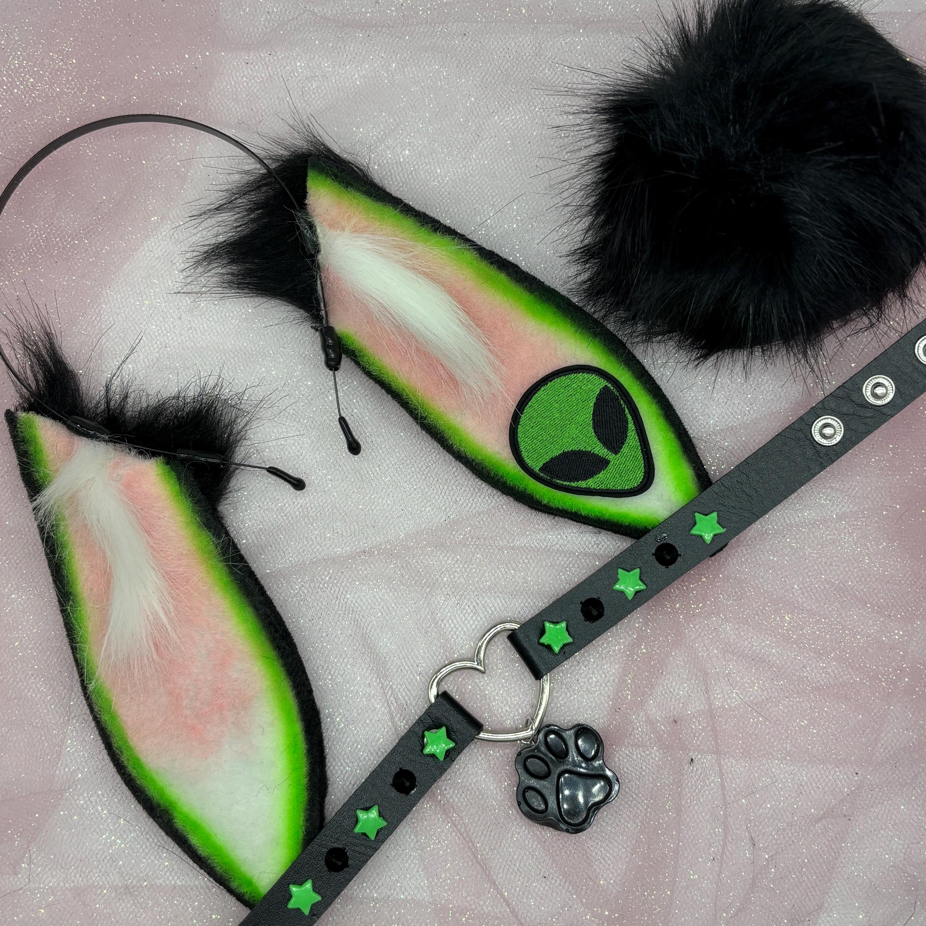 Black / Green Alien Cosplay Kitten Cat Headband Ears Tail Choker Collar ...