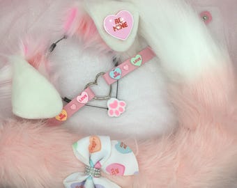 White / pink valentine heart   Cosplay Kitten Cat headband Ears Tail Choker Collar Paw Costume Halloween necklace Fox wolf puppy dog