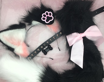 Black / White spiked Cosplay Kitten Cat headband Ears Tail Choker Collar Paw Costume Halloween necklace Fox wolf puppy dog