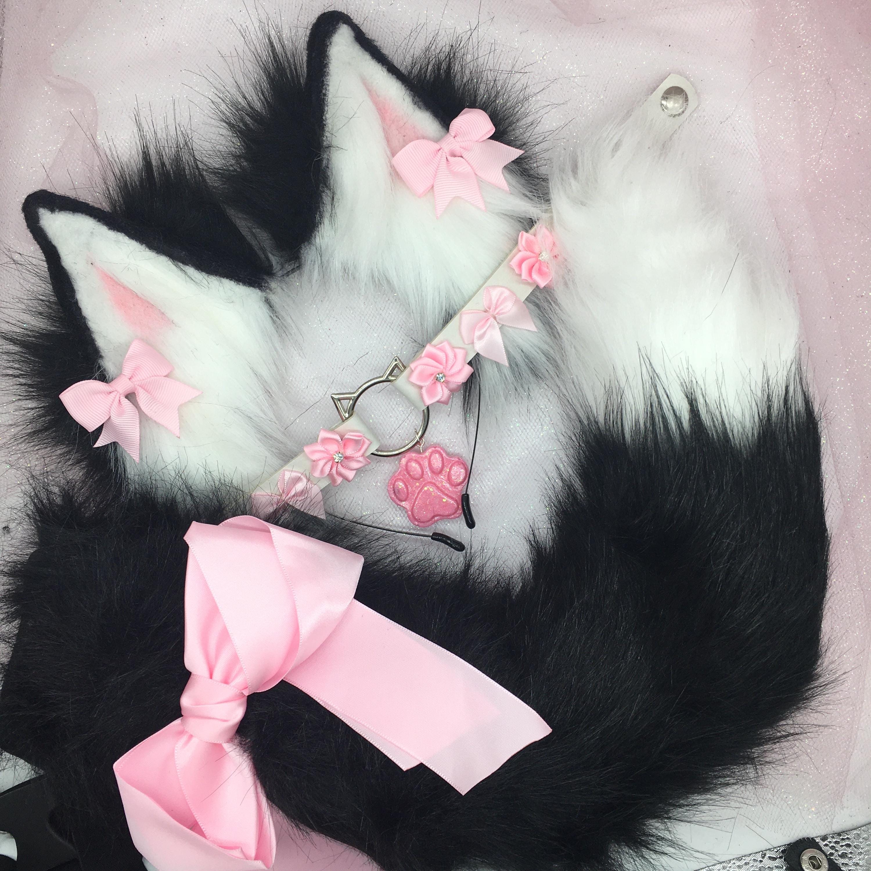 Black / Pink Cosplay Kitten Cat headband Ears Tail Choker Collar Paw Costume Halloween necklace Fox wolf puppy dog