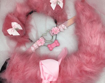 Pink Cosplay Puppy Dog headband Ears Tail Choker Collar Paw Costume Halloween necklace Fox wolf kitten cat