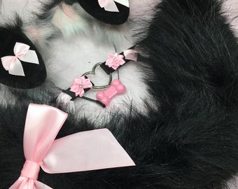 Black / Pink Bows Cosplay Kitten Cat headband Ears Tail Choker Collar Paw Costume Halloween necklace Fox wolf puppy dog