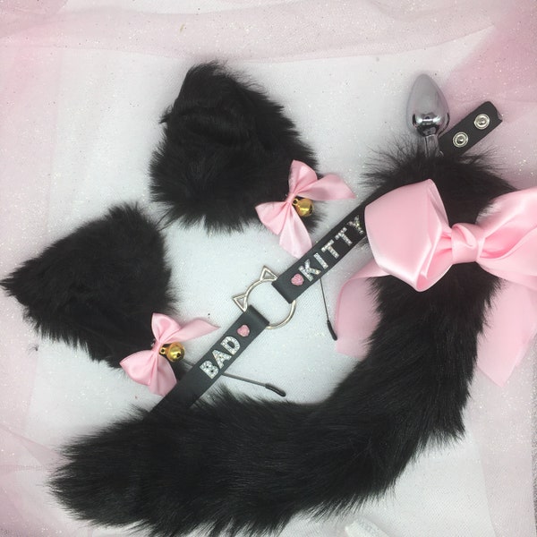 18+ Mature Pet Play Starter Set ! Fox Kitty black pink Ears Collar Kitten Cat Anal Butt Plug Tail bdsm ddlg abdl cosplay