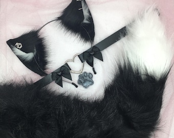 Black Cosplay Kitten Cat headband Ears Tail Choker Collar Paw Costume Halloween necklace Fox wolf puppy dog