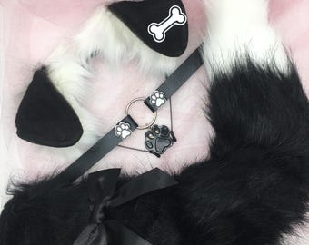 Black / White bone Cosplay Kitten Cat headband Ears Tail Choker Collar Paw Costume Halloween necklace Fox wolf puppy dog