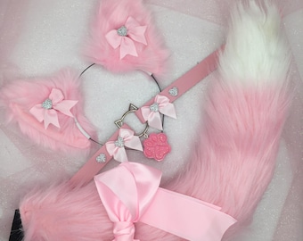Pink Cosplay Kitten Cat headband Ears Tail Choker Collar Paw Costume Halloween necklace Fox wolf puppy dog