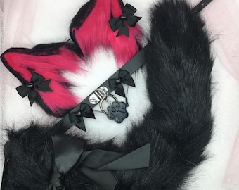 Black / Hot pink  Cosplay Kitten Cat headband Ears Tail Choker Collar Paw Costume Halloween necklace Fox wolf puppy dog