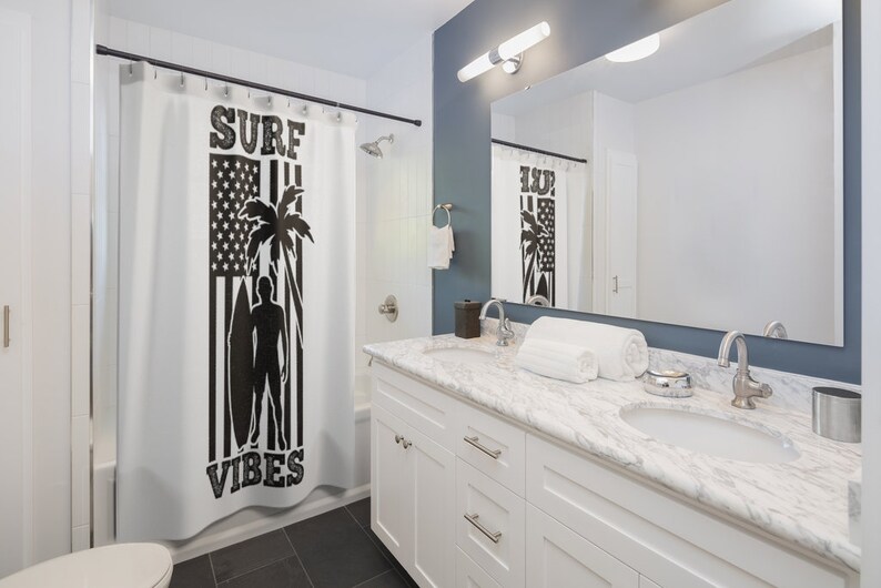 Shower Curtains Surf Vibes American Flag Palm Tree