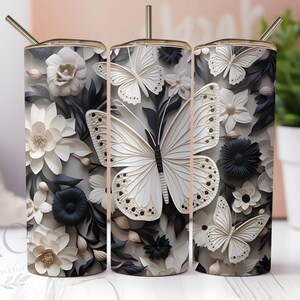 3D White Butterflies Straight Tumbler Wrap Png, Butterflies 20oz Skinny Tumbler, 3D Sublimation Design Png, INSTANT DOWNLOAD