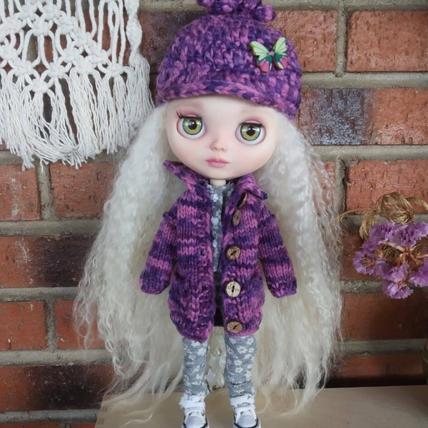 Cardigan with pockets, handmade with 100% wool, mottled in mauve tones, for Blythe and 1/6 dolls