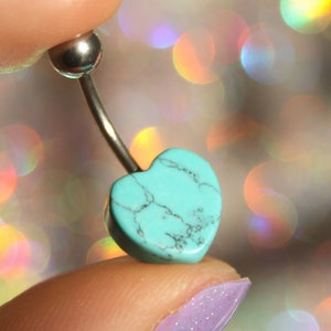 Natural Stone Belly Bar | Turquoise Crystal Surgical Steel Belly Button Ring | Non-dangling Piercing Gift Idea for Valentine's Day