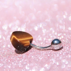 Natural Stone Belly Bar | Tiger's Eye Crystal Surgical Steel Belly Button Ring | Non-dangling Piercing Gift Idea