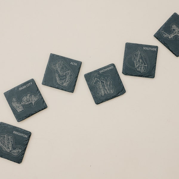 Slate Ski Resort Coasters // Your favorite Ski Maps etched into Slate Stone Coasters // Alta, Snowbird, Brighton, Solitude, Deer Valley, PC