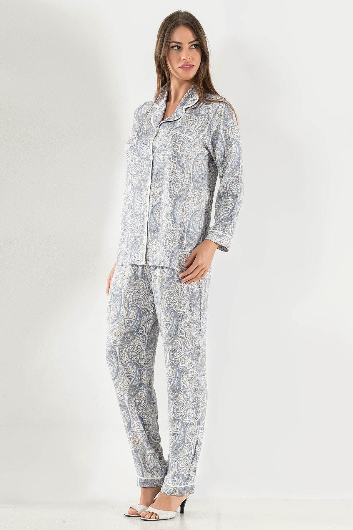 Women's Blue Pajamas Set Collared Buttoned Striped Long Etsy
