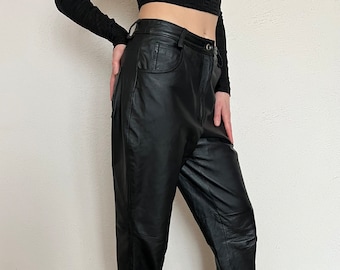 Vintage Damen schwarze Lederhose aus echtem Leder, Größe 6