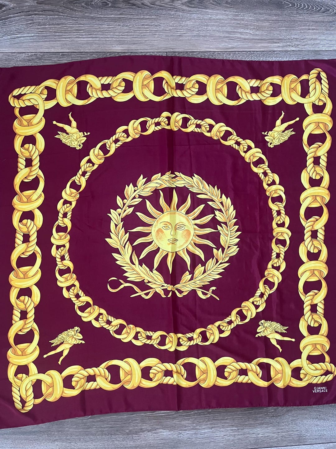 Vintage GIANNI VERSACE Silk Scarf Sun Chain Cupid 100% Silk