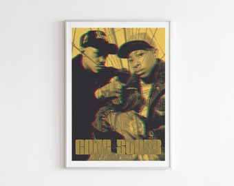 May include: A vintage-style poster featuring two men in black and white clothing with a yellow and green colour overlay. The men are wearing baseball caps and are looking at the camera. The poster has the text "Gang Starr" in gold letters at the bottom.