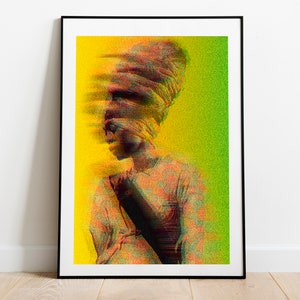 May include: A digital art print of a person with a colourful head wrap and patterned clothing against a yellow and green background.