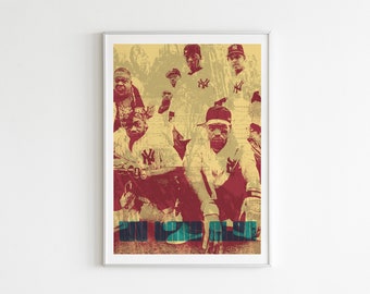 May include: A vintage-style poster featuring a group of men wearing baseball jerseys with the New York Yankees logo. The poster is in shades of red, yellow, and blue, with the text "Run The Jewels" at the bottom.