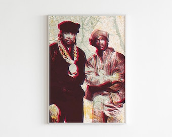 May include: A vintage-style illustration of two men wearing hats and jackets. The men are standing side-by-side against a background of a map. The image is in shades of red, white, and black.