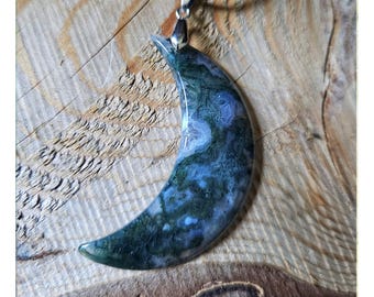 Large Moss Agate Moon Pendant Necklace