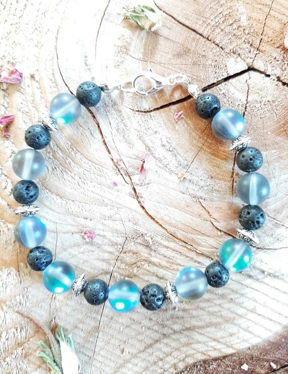 Black Mystic Rainbow Aura Quartz and Lava Stone Bracelet, Use With