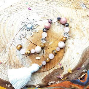 Pagan prayer beads for awakening and activation- witches ladder- quartz- rhodonite- rose quartz- sandalwood- meditation- healing