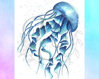 黄金のクラゲのジクレー版画：手描きのA4水彩画「海のアート」 - Etsy 日本