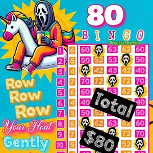 Può includere: Una scheda di bingo rosa e arancione con i numeri da 1 a 15 elencati sul lato sinistro. La scheda ha un totale di 75 caselle, ciascuna casella contiene un numero da 1 a 75. La scheda ha anche un'immagine di una maschera di viso fantasma al centro. Il testo "80 BINGO" è in cima alla scheda. Il testo "Boujee Boards" è sotto la scheda di bingo.