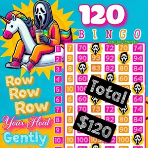Può includere: Una scheda di bingo rosa e arancione con un totale di 120. La scheda ha 15 righe e 5 colonne. Ogni casella contiene un numero e un volto di fantasma. La scheda è intitolata "120 Bingo" e "Boujee Boards".
