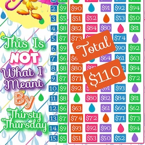 Può includere: Una scheda di bingo colorata con un uccello dei cartoni animati che tiene un ombrello. La scheda ha 15 caselle con numeri e importi in dollari. L'importo totale è di 110 $. Il testo "This Is Not What I Meant By Thirsty Thursday" è scritto sul lato sinistro della scheda.